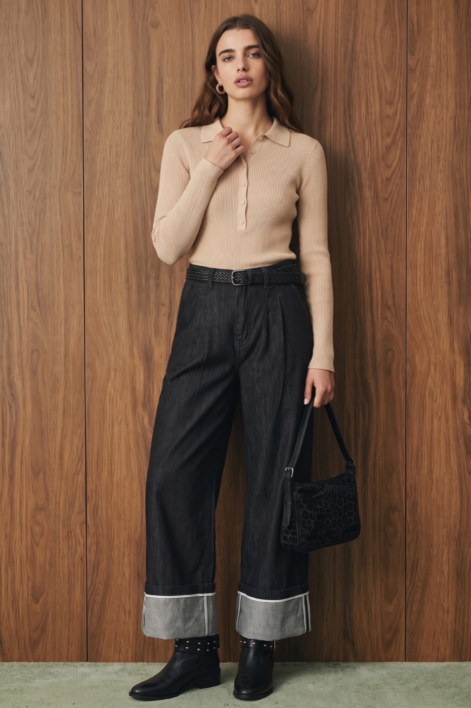 Look Zephine — polo de punto con denim ancho